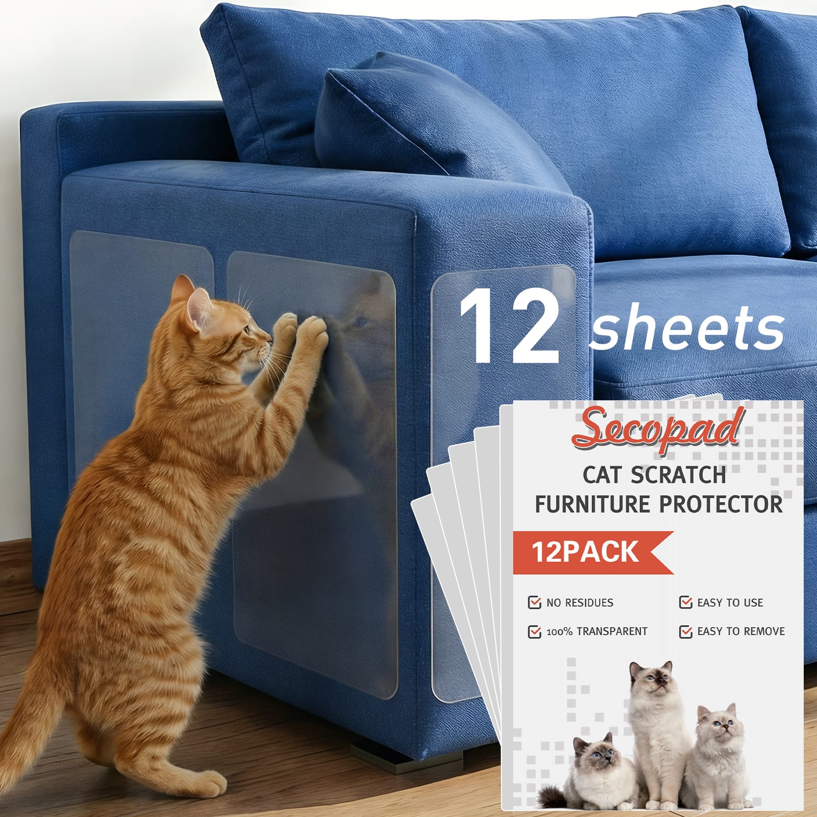 Secopad 12 Pcs Large Cat Scratch Furniture Protector, Transparent Couch Protector from Cat Claws, Single-Sided Self Adhesive Anti Pet Deterrent Sofa Cover, 17in/14in - Image 7