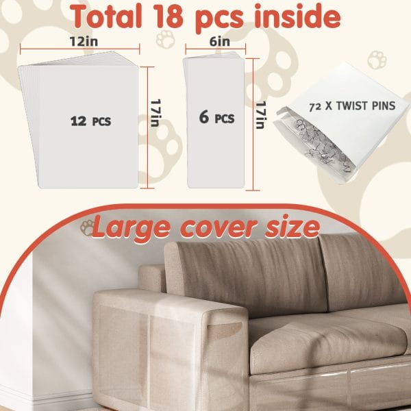 Secopad 12 Pcs Large Cat Scratch Furniture Protector, Transparent Couch Protector from Cat Claws, Single-Sided Self Adhesive Anti Pet Deterrent Sofa Cover, 17in/14in - Image 6