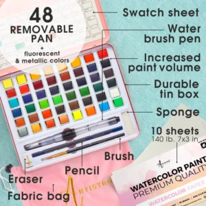 Watercolor kit in Tin Box — Set of 48 watercolor paint pieces