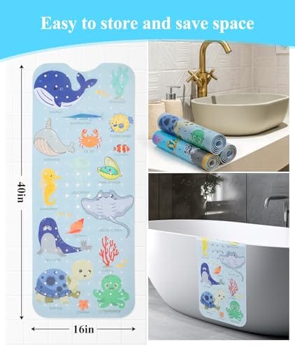Secopad Baby Bath Mat, Cartoon Kids Bathtub Mat Non Slip for Toddler Bath Shower Anti Slip, 40In X 16In with Drain Holes and Suction Cups Machine Washable - Image 9