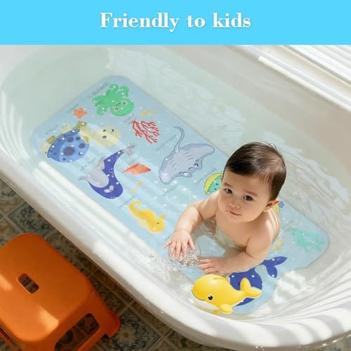 Secopad Baby Bath Mat, Cartoon Kids Bathtub Mat Non Slip for Toddler Bath Shower Anti Slip, 40In X 16In with Drain Holes and Suction Cups Machine Washable