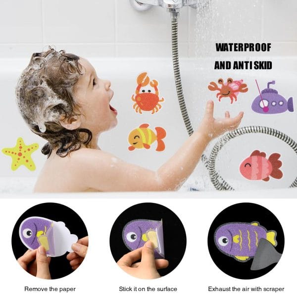 Secopad Non Slip Bathtub Stickers, 20pcs Submarine Sea Creature Adhesive Kids Anti Slip Decal Treads for Shower and Bath Tub with Premium Scraper - Image 3