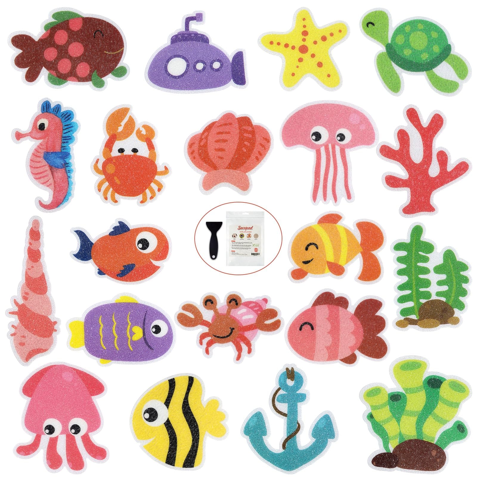 Secopad Non Slip Bathtub Stickers, 20pcs Submarine Sea Creature Adhesive Kids Anti Slip Decal Treads for Shower and Bath Tub with Premium Scraper