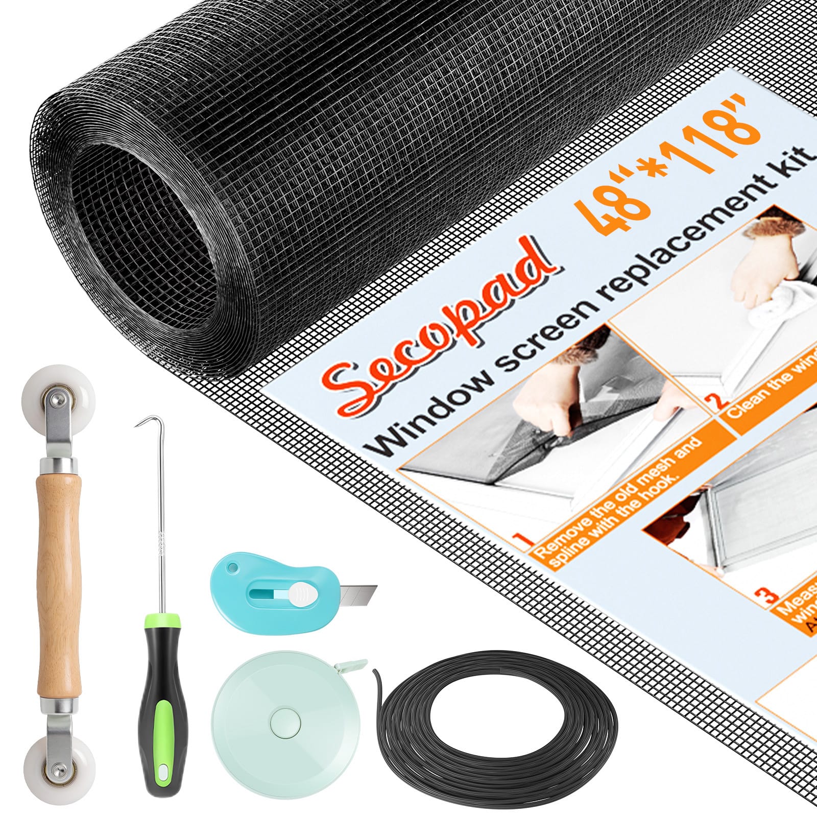 Secopad Window Screens Replacement Repair Kit, Screen Door Mesh RSecopad Non Slip Bathtub Stickers, 14 PCS Large Sea Adhesive Anti Slip Decal Threads for Shower and Bath Tub with Premium Scrapereplacement Kit, Durable Fiberglass Mesh Roll with Tools for Windows Doors Patio and Porch48″*118″ - Image 6