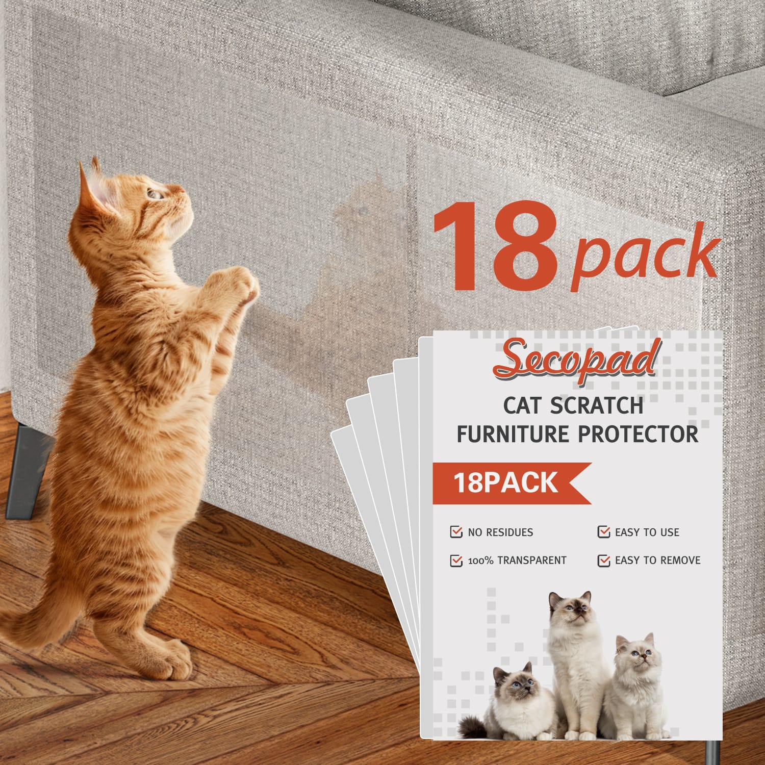 Secopad 18 Pcs Large Cat Scratch Furniture Protector, Transparent Couch Protector from Cat Claws, Single-Sided Self Adhesive Anti Pet Deterrent Sofa Cover, 17in/14in - Image 3